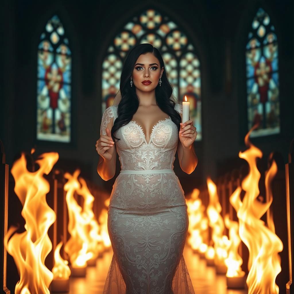 A stunning bride standing gracefully in a dark church, illuminated by the glow of two candles she holds