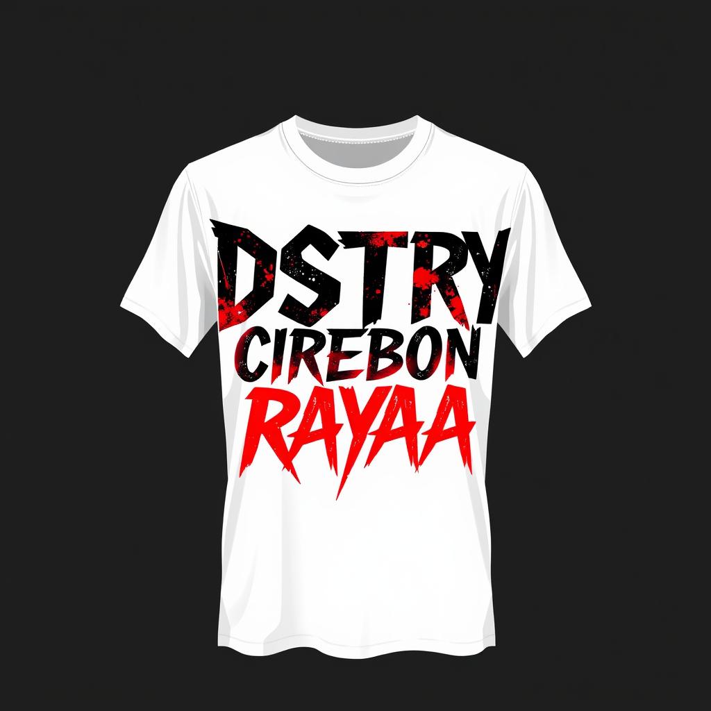 A white t-shirt design featuring the logo 'DSTRY CIREBON RAYA' in a metal/punk style