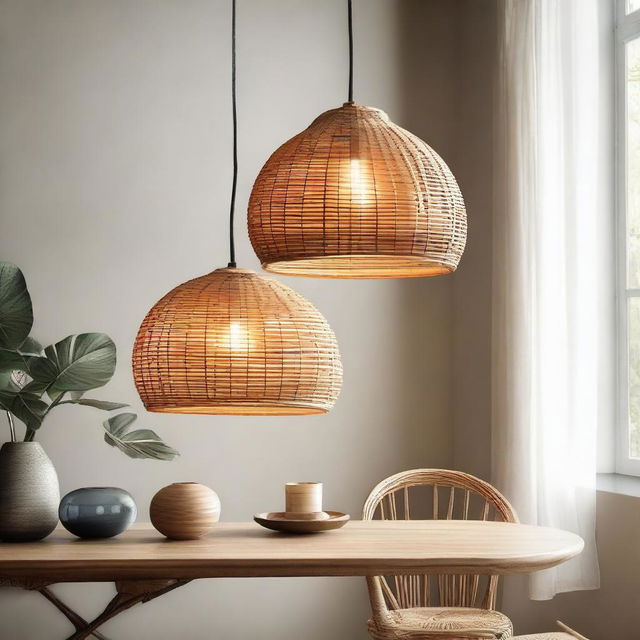 A beautifully handcrafted, glowing ellipse-shaped pendant light, made from woven rattan, creating a cozy atmosphere with its warm, ambient light.