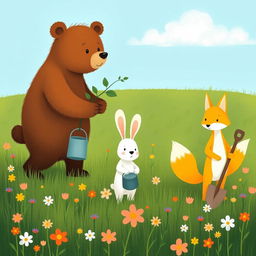 In a beautiful spring morning setting, a cute brown bear carries a small sapling over a lush green meadow