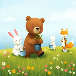 In a beautiful spring morning setting, a cute brown bear carries a small sapling over a lush green meadow