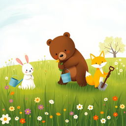 In a beautiful spring morning setting, a cute brown bear carries a small sapling over a lush green meadow