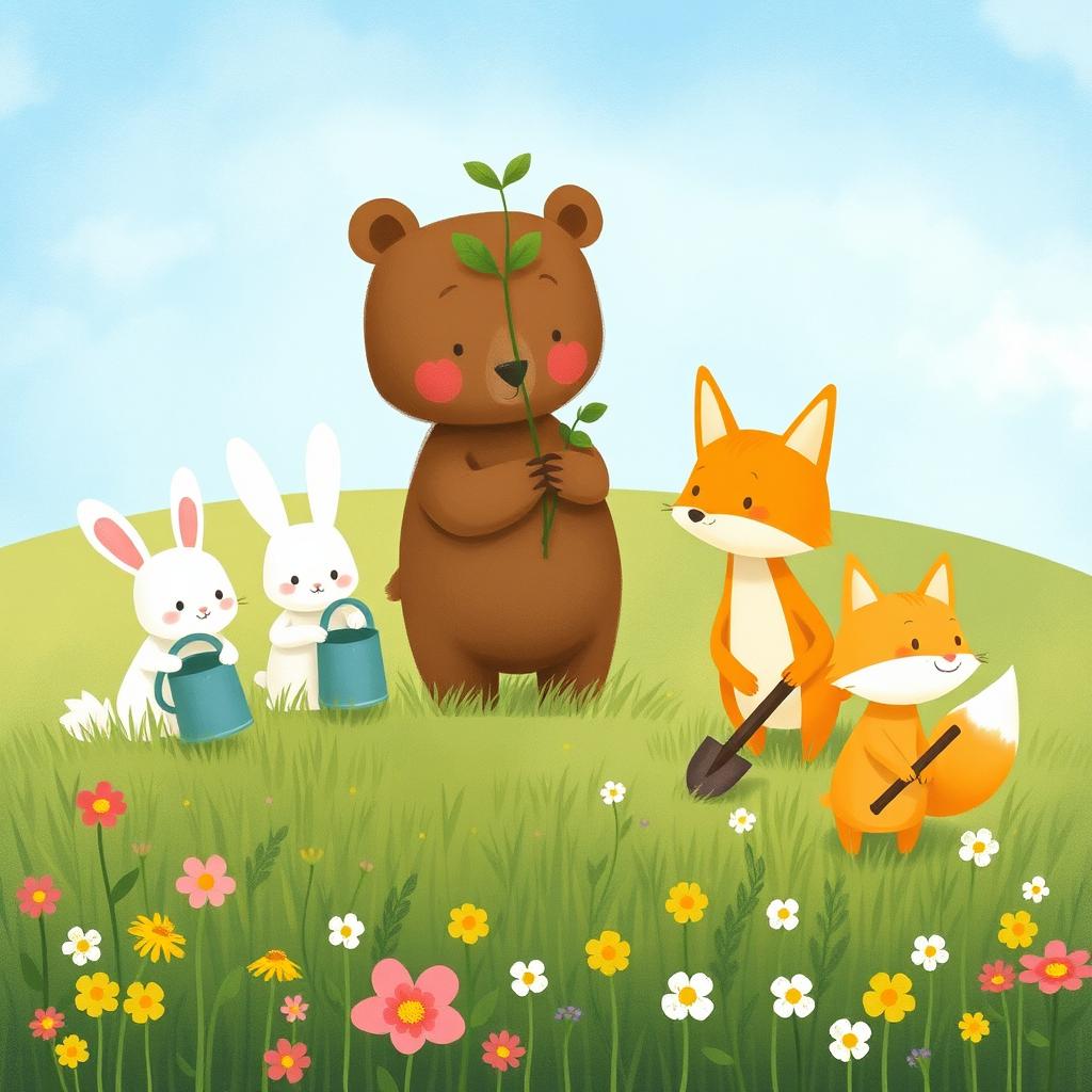 In a beautiful spring morning setting, a cute brown bear carries a small sapling over a lush green meadow