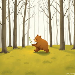 In a beautiful spring morning, a cute brown bear is walking with a small sapling across a grassy area surrounded by bare trees in a forest