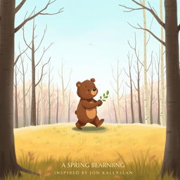 In a beautiful spring morning, a cute brown bear is walking with a small sapling across a grassy area surrounded by bare trees in a forest