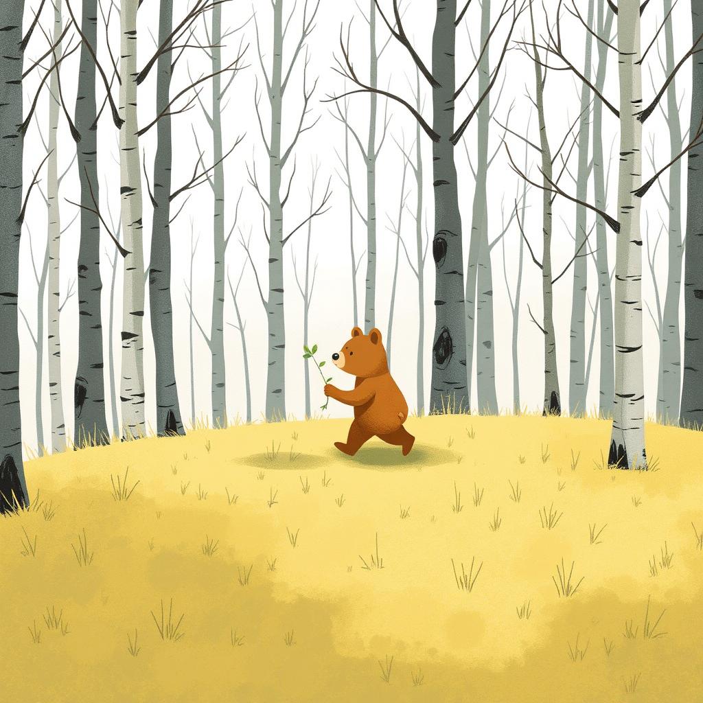 In a beautiful spring morning, a cute brown bear is walking with a small sapling across a grassy area surrounded by bare trees in a forest