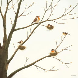 On a beautiful spring morning, several small birds are perched on bare tree branches, with a few nests visible on the twigs