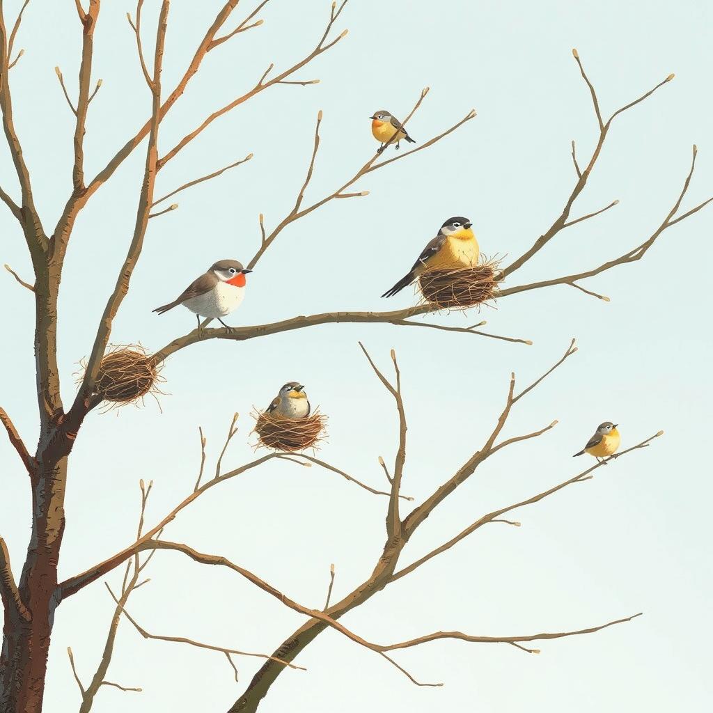 On a beautiful spring morning, several small birds are perched on bare tree branches, with a few nests visible on the twigs