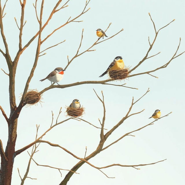 On a beautiful spring morning, several small birds are perched on bare tree branches, with a few nests visible on the twigs
