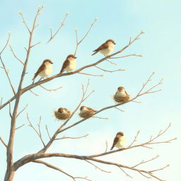 On a beautiful spring morning, several small birds are perched on bare tree branches, with a few nests visible on the twigs