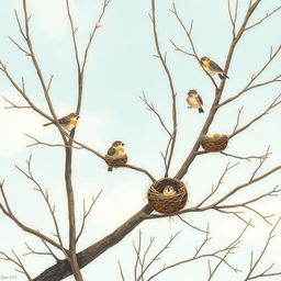 On a beautiful spring morning, several small birds are perched on bare tree branches, with a few nests visible on the twigs