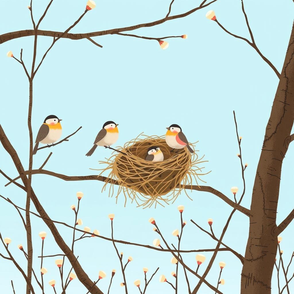 On a serene spring morning, several cute little birds are perched on bare branches, with a few nests nestled among the twigs