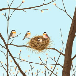 On a serene spring morning, several cute little birds are perched on bare branches, with a few nests nestled among the twigs