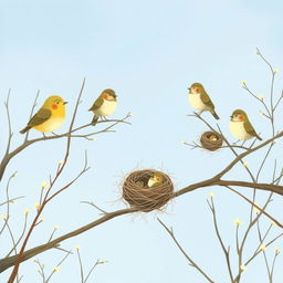 On a serene spring morning, several cute little birds are perched on bare branches, with a few nests nestled among the twigs