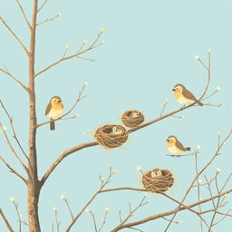 On a serene spring morning, several cute little birds are perched on bare branches, with a few nests nestled among the twigs