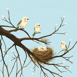 On a serene spring morning, several cute little birds are perched on bare branches, with a few nests nestled among the twigs