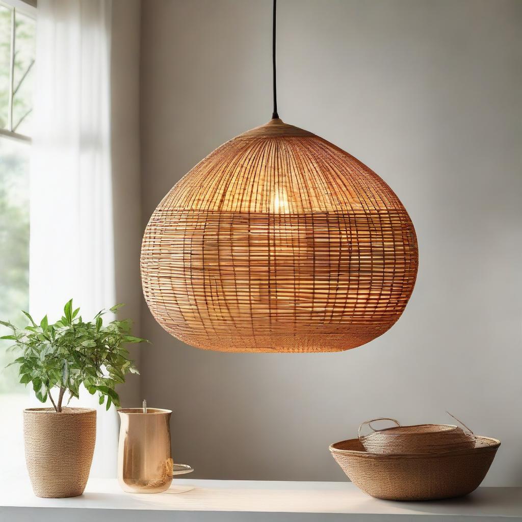 A beautifully handcrafted, glowing ellipse-shaped pendant light, made from woven rattan, creating a cozy atmosphere with its warm, ambient light.