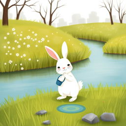 On a lovely spring morning, a cute little white rabbit is standing on the grassy bank of a river, twisting a water bucket playfully in its paws
