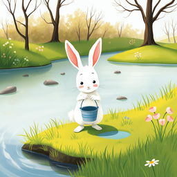 On a lovely spring morning, a cute little white rabbit is standing on the grassy bank of a river, twisting a water bucket playfully in its paws