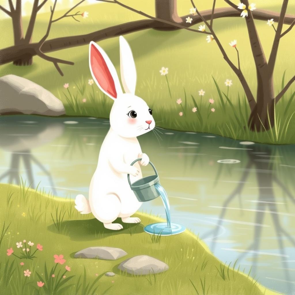 On a lovely spring morning, a cute little white rabbit is standing on the grassy bank of a river, twisting a water bucket playfully in its paws