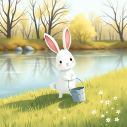 On a bright spring morning, a cute little white rabbit is holding a small water bucket while standing on the grassy bank of a river