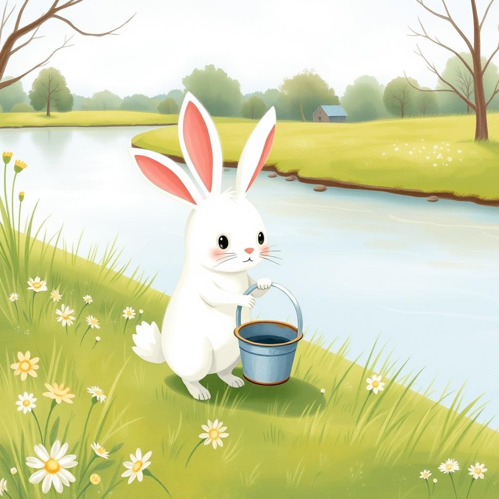On a bright spring morning, a cute little white rabbit is holding a small water bucket while standing on the grassy bank of a river