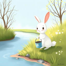 On a bright spring morning, a cute little white rabbit is holding a small water bucket while standing on the grassy bank of a river
