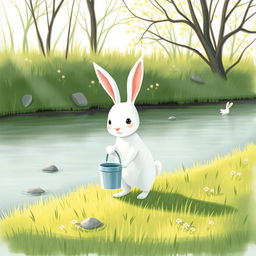 On a bright spring morning, a cute little white rabbit is holding a small water bucket while standing on the grassy bank of a river