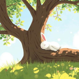 On a bright summer afternoon, a cute little white rabbit is lying comfortably in the cool shade of a large tree, enjoying a peaceful rest