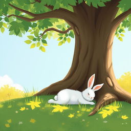 On a bright summer afternoon, a cute little white rabbit is lying comfortably in the cool shade of a large tree, enjoying a peaceful rest