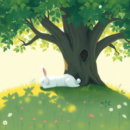 On a bright summer afternoon, a cute little white rabbit is lying comfortably in the cool shade of a large tree, enjoying a peaceful rest