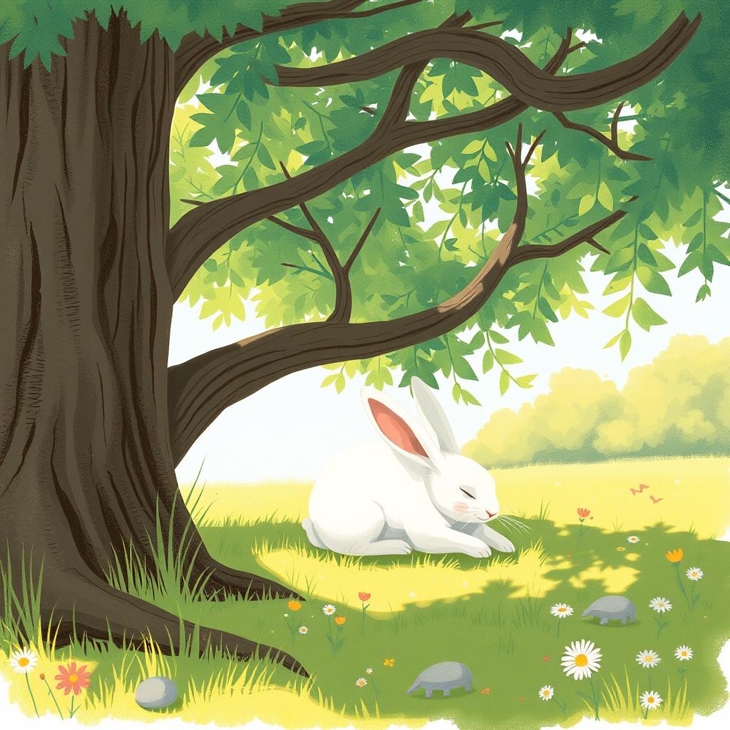On a bright summer afternoon, a cute little white rabbit is lying comfortably in the cool shade of a large tree, enjoying a peaceful rest