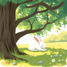 On a bright summer afternoon, a cute little white rabbit is lying comfortably in the cool shade of a large tree, enjoying a peaceful rest