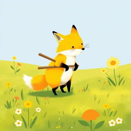 On a cheerful spring morning, a cute little yellow fox is standing on the grassy field, playfully carrying a shovel on its back