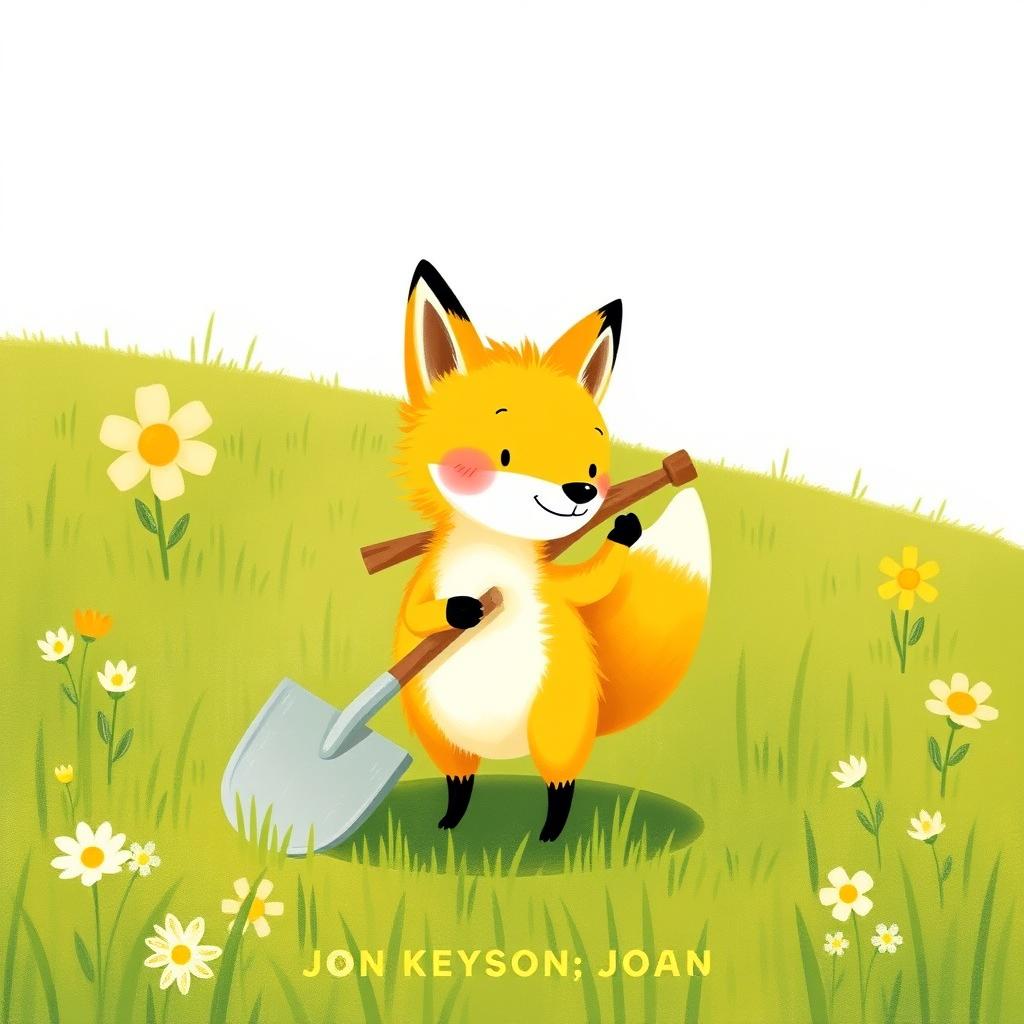 On a cheerful spring morning, a cute little yellow fox is standing on the grassy field, playfully carrying a shovel on its back