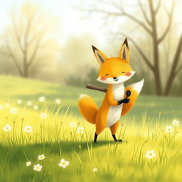 On a cheerful spring morning, a cute little yellow fox is standing on the grassy field, playfully carrying a shovel on its back