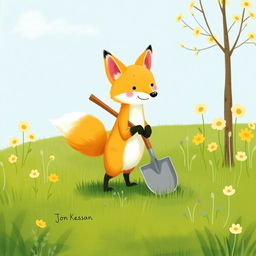 On a cheerful spring morning, a cute little yellow fox is standing on the grassy field, playfully carrying a shovel on its back