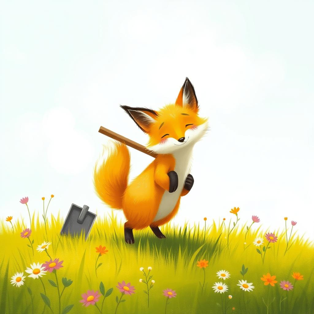 On a cheerful spring morning, a delightful little yellow fox is playfully carrying a shovel on its back while standing on a lush grassy field