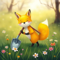 On a cheerful spring morning, a delightful little yellow fox is playfully carrying a shovel on its back while standing on a lush grassy field