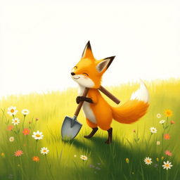 On a cheerful spring morning, a delightful little yellow fox is playfully carrying a shovel on its back while standing on a lush grassy field
