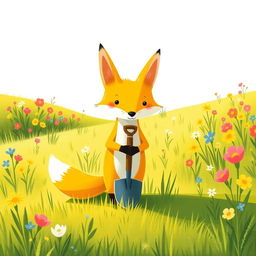 On a bright spring morning, a cute little yellow fox is standing on the grassy field, confidently holding a shovel in its paws