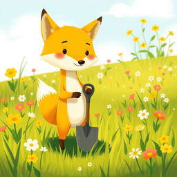 On a bright spring morning, a cute little yellow fox is standing on the grassy field, confidently holding a shovel in its paws