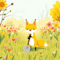 On a bright spring morning, a cute little yellow fox is standing on the grassy field, confidently holding a shovel in its paws