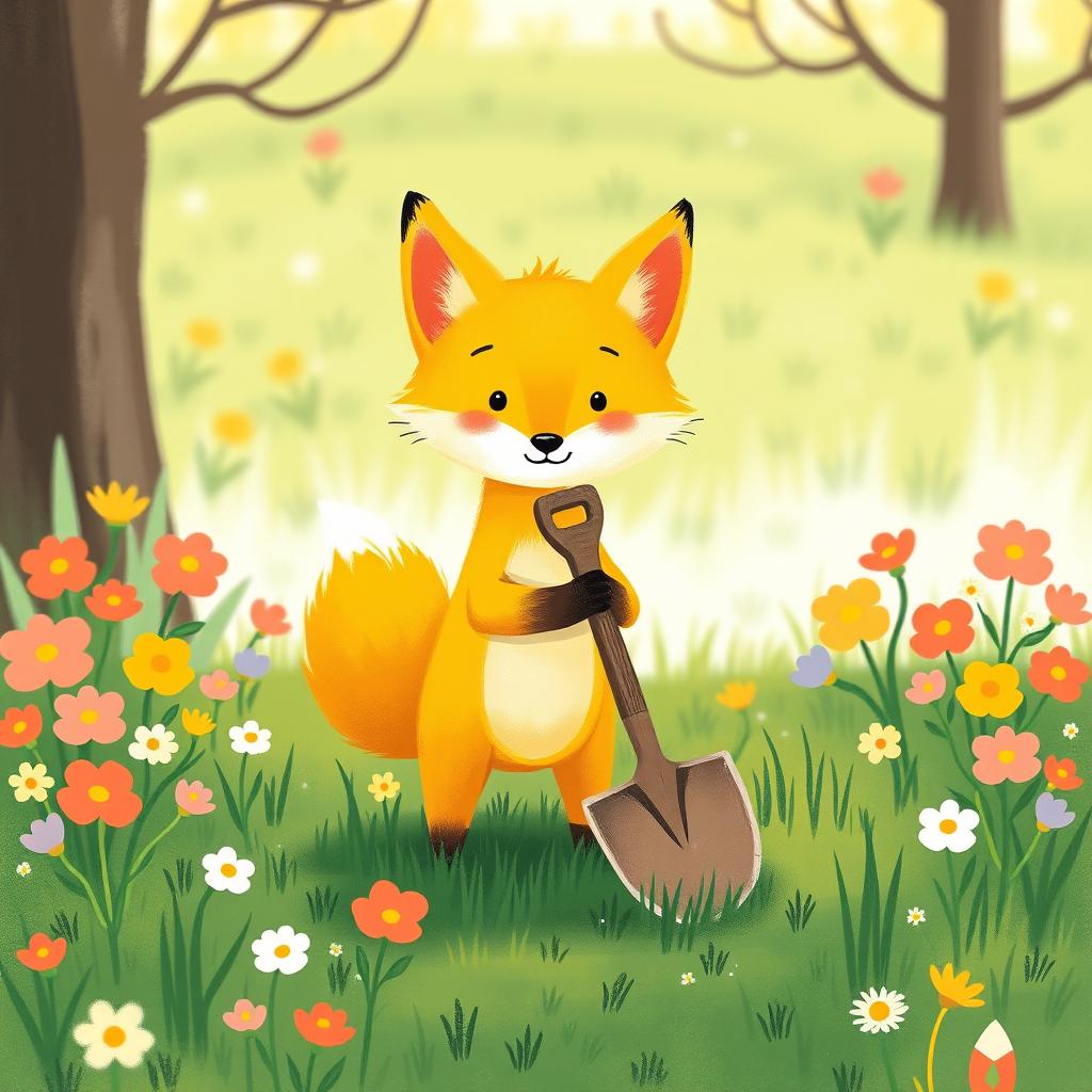 On a bright spring morning, a cute little yellow fox is standing on the grassy field, confidently holding a shovel in its paws