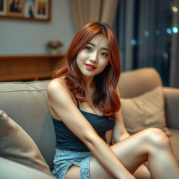 A Korean girl with a provocative face and sexy lips sitting on a sofa at home, looking at the viewer with a teasing smile and slightly parted lips, striking a sexy and suggestive pose