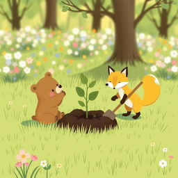 On a bright spring morning, in a grassy field, a cute little brown bear is gently propping up a small sapling that is planted in a hole