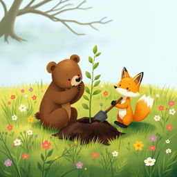On a bright spring morning, in a grassy field, a cute little brown bear is gently propping up a small sapling that is planted in a hole