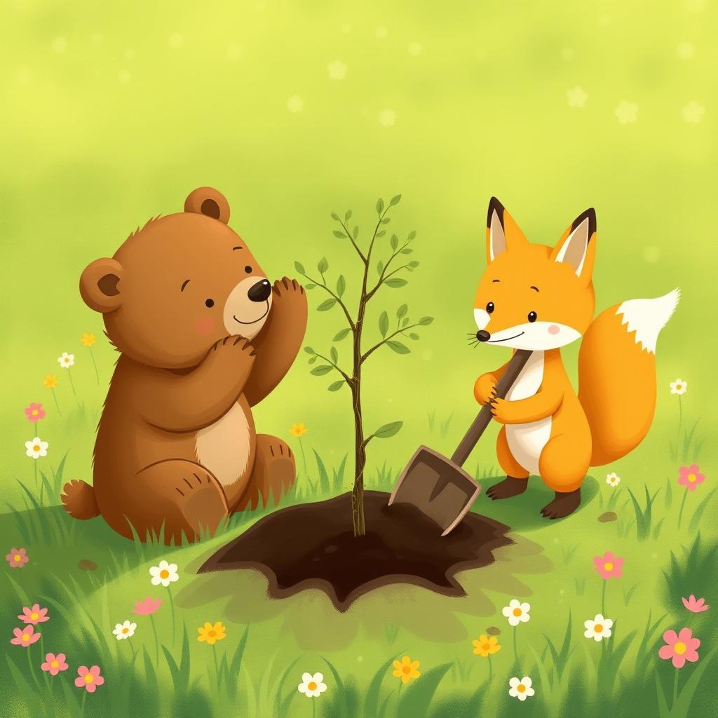 On a bright spring morning, in a grassy field, a cute little brown bear is gently propping up a small sapling that is planted in a hole