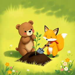 On a bright spring morning, in a grassy field, a cute little brown bear is gently propping up a small sapling that is planted in a hole