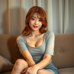 A Korean girl with a provocative face and sexy lips sitting on a sofa at home, looking at the viewer with a teasing smile and slightly parted lips, striking a sexy and alluring pose